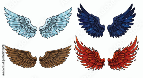 The image shows four pairs of wings each with a distinct design snowflakes night sky brown feathers and fire