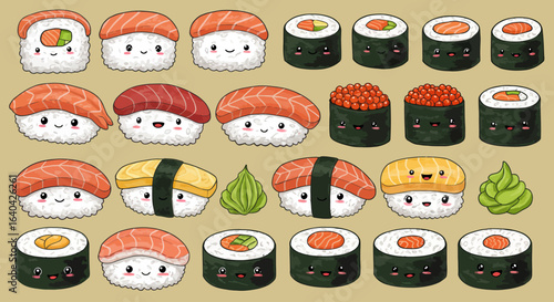 Cartoon sushi set with nigiri, sashimi, and rolls