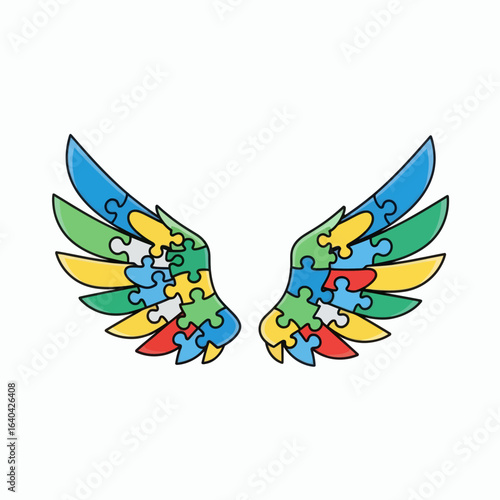 Two wings composed of colorful puzzle pieces primarily blue green yellow and red with black outlines on a white background