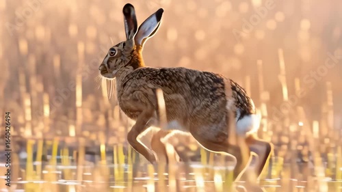 A cute rabbit in a lush green field with a fast hare gracefully running through a pond