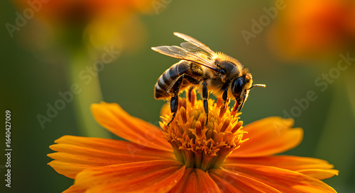 Wallpaper Mural Honeybee Pollinating Bright Orange Marigold Flower In Garden Torontodigital.ca