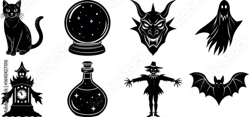 Set of halloween silhouettes black icon and character. witch, creepy and spooky elements for halloween decorations, sticker. Vectors on isolated background.