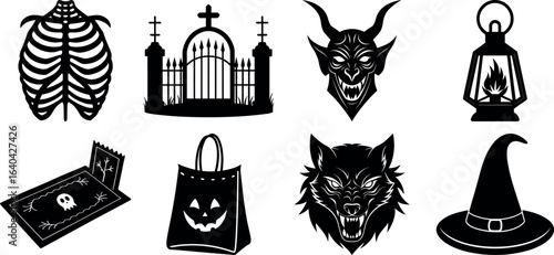 Set of halloween silhouettes black icon and character. witch, creepy and spooky elements for halloween decorations, sticker. Vectors on isolated background.