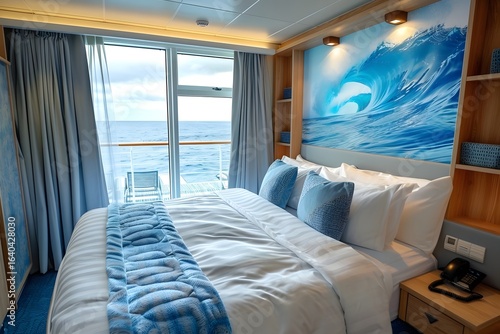 Cozy cruise ship cabin with ocean view, featuring serene blue decor and comfortable bedding