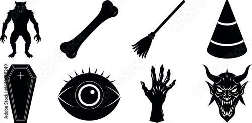 Set of halloween silhouettes black icon and character. witch, creepy and spooky elements for halloween decorations, sticker. Vectors on isolated background.