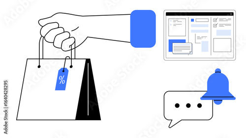 Hand holding shopping bag with discount tag, web interface for browsing, notification bell, and speech bubble. Ideal for retail, e-commerce, marketing, communication, sales promotion online
