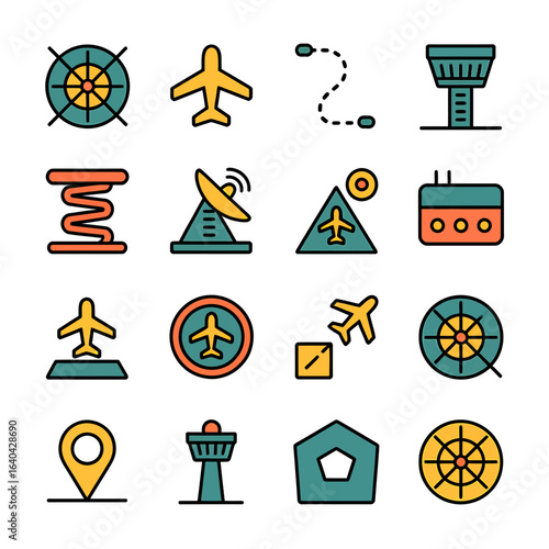 Modern Aviation Icon Set with Airplanes Towers and Navigation Symbols for Travel and Transportation Applications