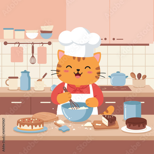 A delightful flat design illustration of a charming cartoon cat enthusiastically baking a cake in a clean kitchen