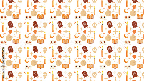 Cute Halloween Seamless Pattern with Ghosts, Candles and Autumn Elemennts