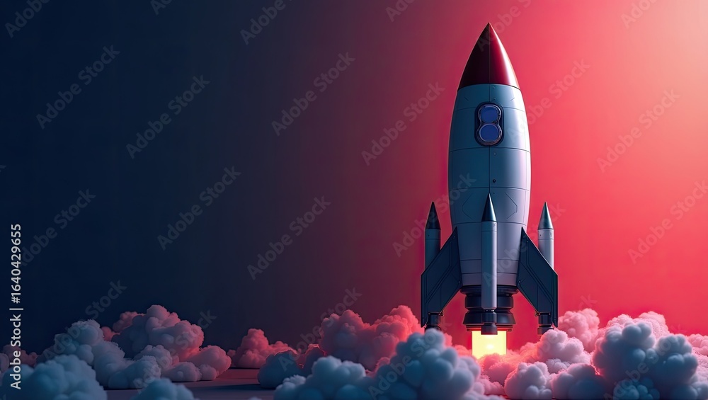 Rocket launching into a vibrant sunset sky. Rocket launching into a vibrant sunset sky.