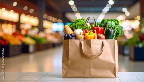 A paper bag filled with fresh produce sits on a counter in a supermarket