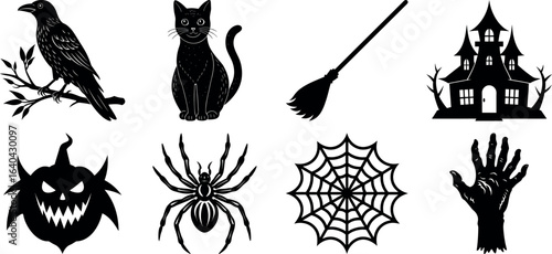 Set of halloween silhouettes black icon and character. witch, creepy and spooky elements for halloween decorations, sticker. Vectors on isolated background.