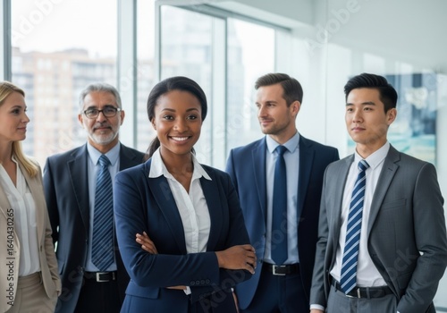 Diverse professional business team standing together in an office