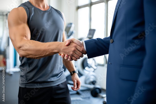 Muscular man in gym shakes hands with businessman in suit