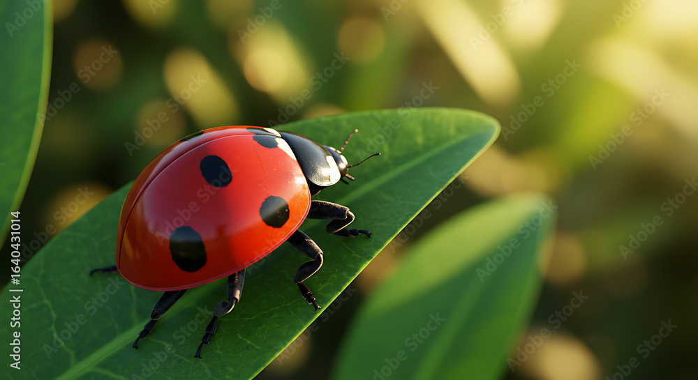 Fototapeta premium Close Up Of A Red Ladybug With Black Spots Resting On Green Leaf