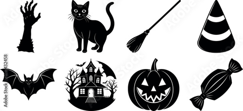 set of halloween element silhouette collection. Black and white vector. pmpkin, ghost, cat, horror house, witch, owl, raven bird, spider, witch hat