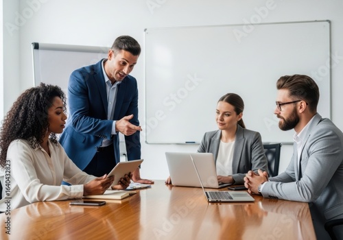 Diverse business team collaborating in a modern meeting room