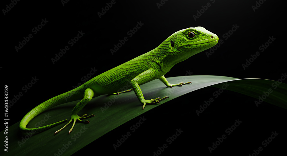 Fototapeta premium Vibrant Green Lizard Resting on Leaf Against Black Background