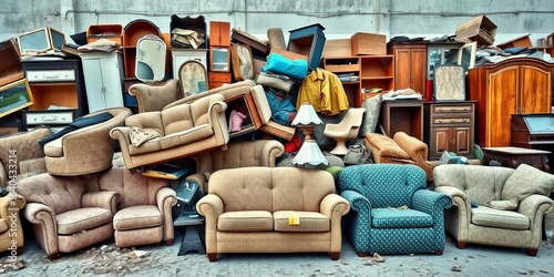 A pile of dilapidated chairs, sofas, tables, and wardrobes, showing significant wear and tear,  template design,  trash