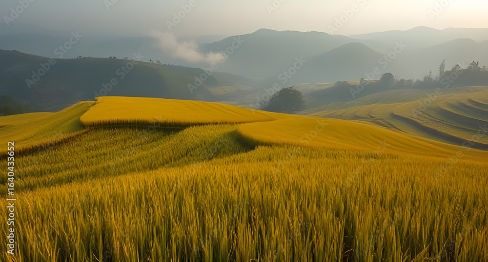Obraz premium Golden Rice Terraces in a Misty Valley