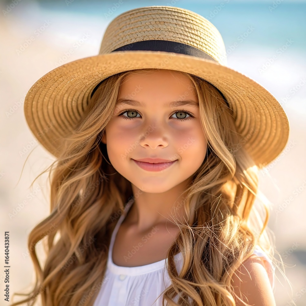 A smiling girl with long blonde hair wears a straw boater hat A smiling girl with long blonde hair wears a straw boater hat