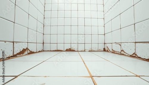 Wide angle view of dirty grout between pristine white tiles,  wide,  repair