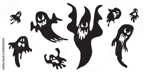 Halloween. Ghosts icon set. Collection of various scary and funny ghosts and animal ghosts. Magic symbols for parties, celebrations, templates and decorations. Isolated silhouette. Vector