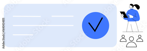 Large blue check mark placed on a document, professional reviewing on a tablet, three outlined team members. Ideal for approval, workflow, collaboration, validation, success, teamwork simple landing