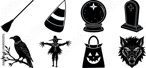 set of halloween element silhouette collection. Black and white vector. pmpkin, ghost, cat, horror house, witch, owl, raven bird, spider, witch hat