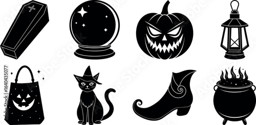 set of halloween element silhouette collection. Black and white vector. pmpkin, ghost, cat, horror house, witch, owl, raven bird, spider, witch hat