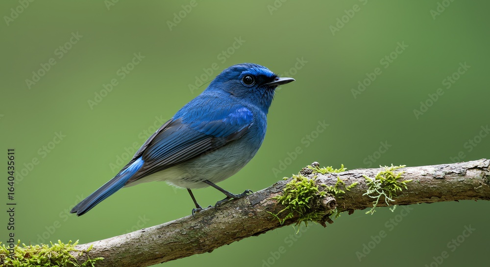 Obraz premium Blue Warbler Sitting on Mossy Branch in Natural Green Environment