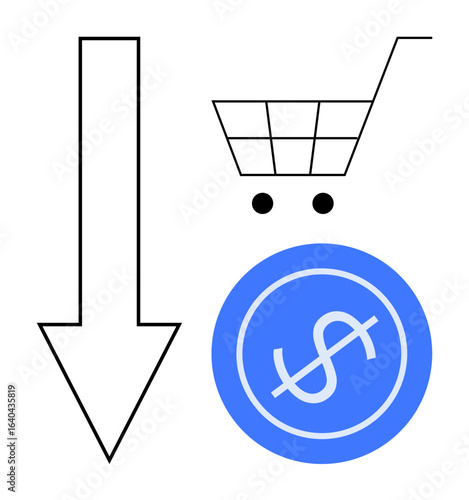 Downward arrow, shopping cart, and dollar coin suggesting cost savings, reduced prices, and economic affordability. Ideal for retail, savings, discounts, budgeting sales e-commerce simple flat