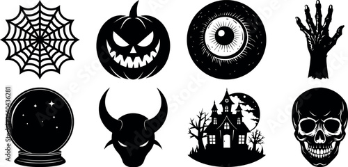 set of halloween element silhouette collection. Black and white vector. pmpkin, ghost, cat, horror house, witch, owl, raven bird, spider, witch hat