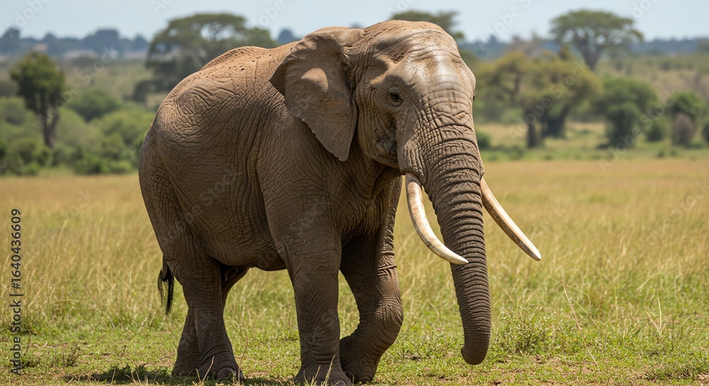 Fototapeta premium Adult African Elephant Walking in Grassland Under Clear Sky