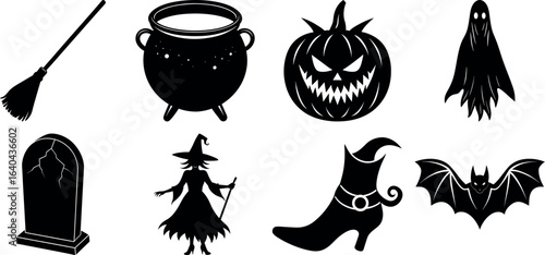 set of halloween element silhouette collection. Black and white vector. pmpkin, ghost, cat, horror house, witch, owl, raven bird, spider, witch hat