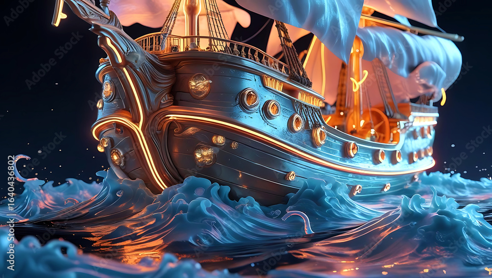 Naklejka premium Majestic Galleon Sails Through Illuminated Ocean Waves