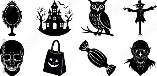 set of halloween element silhouette collection. Black and white vector. pmpkin, ghost, cat, horror house, witch, owl, raven bird, spider, witch hat