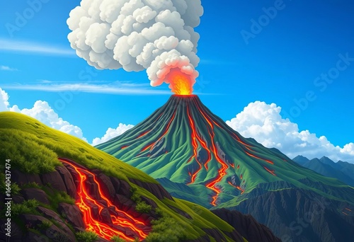 Cartoon prehistoric volcano erupting, lava flowing down lush green mountainside, ash cloud billowing into blue sky,  fiery mountain,  prehistoric scene