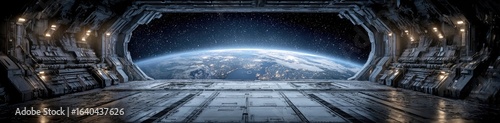 Futuristic spaceship hangar with Earth view (1)