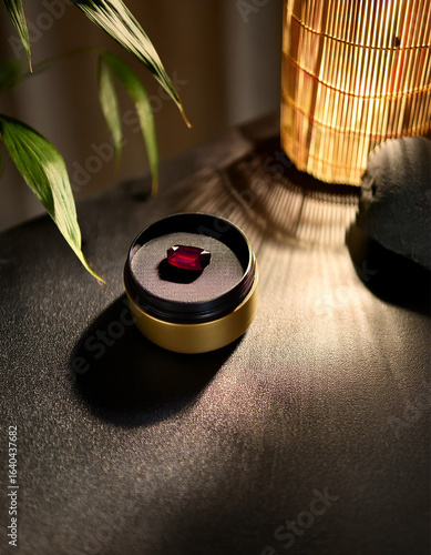 A luxurious spa scene, elegant jar of black bamboo charcoal cream with rich velvety texture, placed on a black marble counter. Beside it, a royal ruby gemstone glowing under warm spotlight. Soft golde