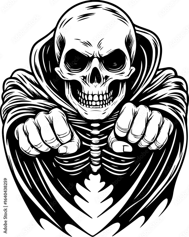 Fototapeta premium SVG tattoo of a street-style skeleton for Halloween. Grinning Skeleton in Cloak with Outstretched Hands and Menacing Stare