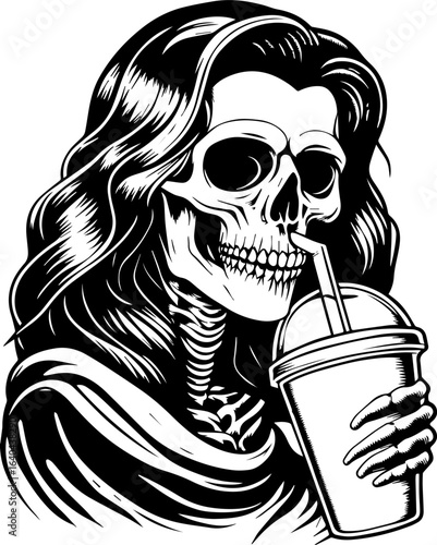 SVG tattoo of a street-style skeleton for Halloween. Skull and Skeleton with Long Hair Enjoying a Cold Beverage