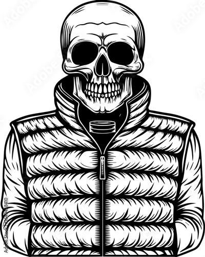 SVG tattoo of a street-style skeleton for Halloween. Skull Illustration in Padded Vest Design for Unique Apparel