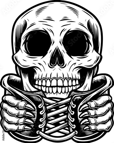 SVG tattoo of a street-style skeleton for Halloween. Skull Design with Laces and Gloved Hands in Black and White Style