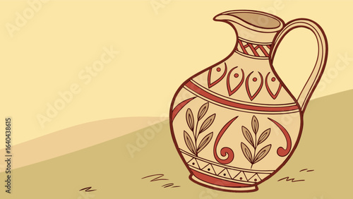 Antique clay jug vector illustration with decorative patterns and handle for water or wine storage use