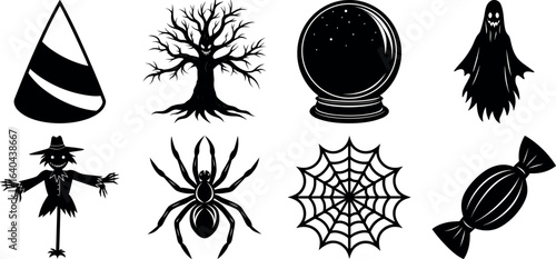 set of halloween element silhouette collection. Black and white vector. pmpkin, ghost, cat, horror house, witch, owl, raven bird, spider, witch hat