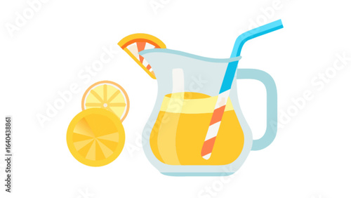 Fresh squeezed orange juice in pitcher with straw and orange slices vector illustration design