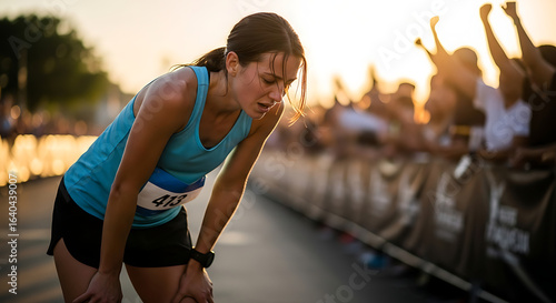 Determined female athlete feeling exhausted after a city marathon, resting with a cheering crowd in the background during a sunset event.