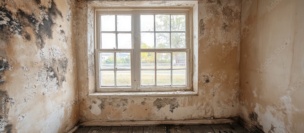 Fototapeta premium Abandoned room with peeling paint and window