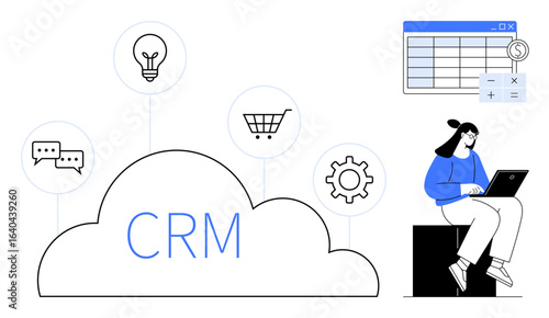 Cloud labeled CRM connects icons for chat, ideas, shopping, and settings. User works on a laptop, spreadsheet with calculator displayed. Ideal for business tools, CRM, data management SaaS